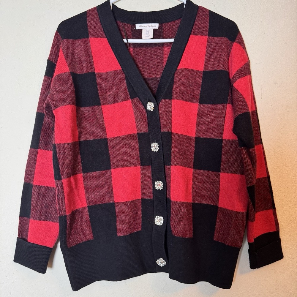 Tommy Bahama Cardigan Sweater Small P Red Black Buffalo Plaid Rhinestone Buttons